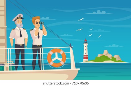 Yacht cruise liner captain and first chief officer on bow front of the ship cartoon vector illustration 