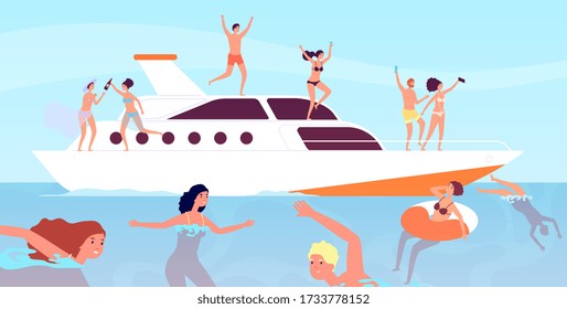 Yacht Cruise. Luxury Men Wine Party On Boat. Outdoor Vacation Sexy Professional Models. Yachting, Friends Relax On Ship Vector Illustration