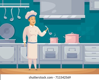 Yacht Cruise Ship Crew Cook Cartoon Character In Galley Kitchen Preparing Food Poster Abstract Retro Vector Illustration