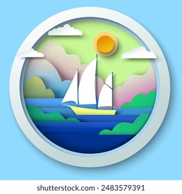 Yacht cruise at tropic resort papercut background template