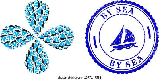 Yacht curl burst, and blue round BY SEA dirty badge with icon inside. Element flower with 4 petals created from oriented yacht items. Vector flower collage in flat style.