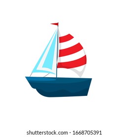 Yacht, a dark blue sailing vessel with a white sail with a red stripe. Cartoon style. Vector image isolated on a white background.