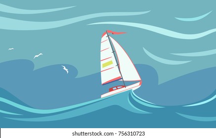 Yacht during a storm in the ocean. A sailboat on the crest of a sea wave. Vector illustration EPS-8.