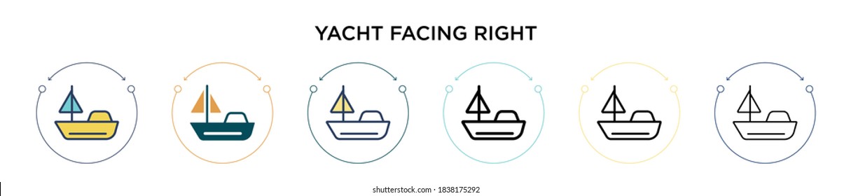 Yacht facing right icon in filled, thin line, outline and stroke style. Vector illustration of two colored and black yacht facing right vector icons designs can be used for mobile, ui, web