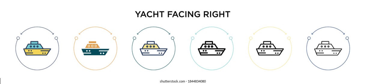 Yacht facing right icon in filled, thin line, outline and stroke style. Vector illustration of two colored and black yacht facing right vector icons designs can be used for mobile, ui, web