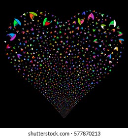 Yacht fireworks with heart shape. Vector illustration style is flat bright multicolored iconic symbols on a black background. Object valentine heart done from confetti pictographs.