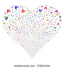 Yacht fireworks with heart shape. Vector illustration style is flat bright multicolored iconic symbols on a white background. Object love heart made from random symbols.