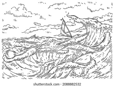 Yacht floating on the sea waves. Vintage engrave vector monochrome black illustration. Isolated on white background. Hand drawn hatching