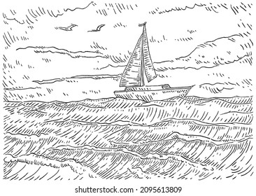 Yacht floating on the sea waves. Vintage engrave vector monochrome black illustration. Isolated on white background. Hand drawn hatching