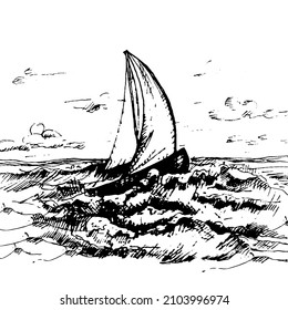 Yacht floating on the sea waves. Vector vintage hatching black illustration. Isolated on white background. Hand drawn design