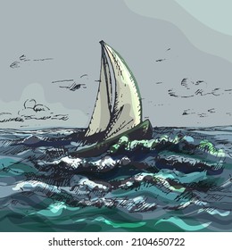 Yacht floating on the sea waves. Vector vintage hatching color illustration. Isolated on white background. Hand drawn design