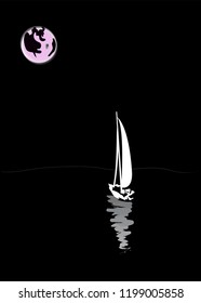 the yacht is floating on the water and the moon is shining