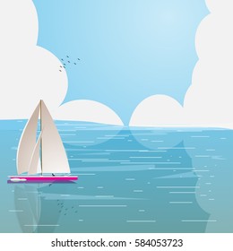 A yacht floating on the waves. Clouds and the ocean