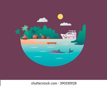 Yacht floats near the tropical shores