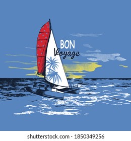 Yacht floats in the ocean on sunset. Print for t shirt on blue background. Slogan Enjoy Your Tripin French. Vector illustration.