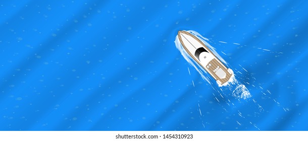 The yacht floats, top view. Racing on the waves, pleasure boat, motor boat. Flat style tourist yacht aerial view. Summer escape template for web banner. Top view of the sports boat. Vector