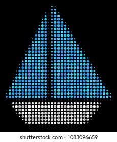 Yacht halftone vector icon. Illustration style is dot iconic yacht symbol on a black background. Halftone pattern is constructed from round cells.