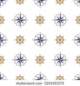 Yacht helm boat steering wheel and wind rose sailing navigation symbol vector seamless pattern. Nautical equipment. Vessel helm flat icon, ship steering wheel, blue rose of winds sailing compass sign.