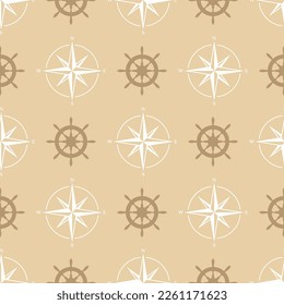 Yacht helm boat steering wheel and wind rose sailing navigation symbol vector seamless pattern. Nautical equipment. Brown vessel helm flat icon, ship steering wheel, rose of winds sailing compass sign