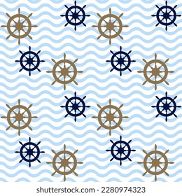 Yacht helm boat steering wheel sailing navigation symbol on wave ripples vector seamless pattern. Nautical equipment. Vessel helm flat icon, ship steering wheel sign marine ornament.