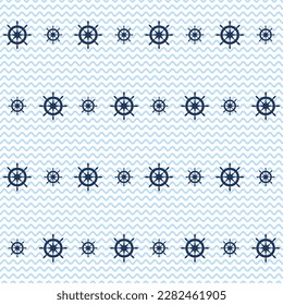 Yacht helm boat steering wheel sailing navigation symbol on light blue waves ripple vector seamless pattern. Nautical equipment. Vessel helm flat icon, ship steering wheel sign marine ornament.