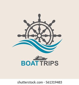 Yacht helm wheel image with sea waves. Vector illustration