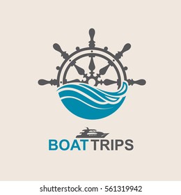 Yacht helm wheel image with sea waves. Vector illustration