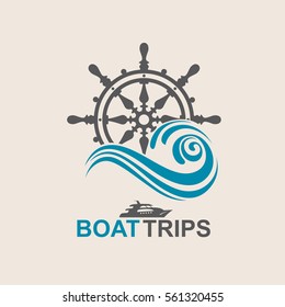 Yacht helm wheel image with sea waves. Vector illustration