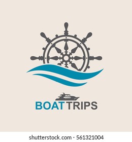 Yacht helm wheel image with sea waves. Vector illustration