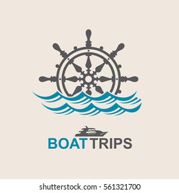 Yacht helm wheel image with sea waves. Vector illustration