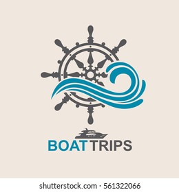 Yacht helm wheel image with sea waves. Vector illustration