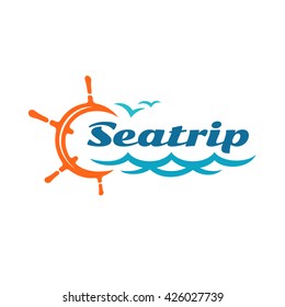 Yacht helm wheel logo with marine sea waves and seagulls silhouettes. Sea or ocean ship cruise travel concept.