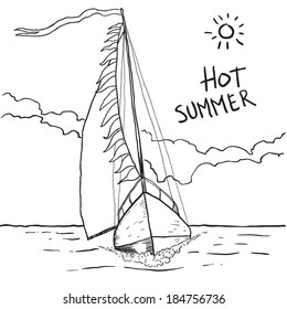 Yacht in hot summer. Vector sketch