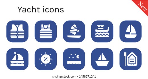 yacht icon set. 10 filled yacht icons.  Collection Of - Lifejacket, Sailor, Windsurf, Boat, Sailboat, Summer, Sea
