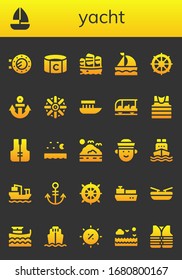 yacht icon set. 26 filled yacht icons. Included Porthole, Sailboat, Captain, Helm, Anchor, Boat, Transportation, Sailor, Lifejacket, Sea, Cargo ship, Summer icons