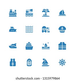 yacht icon set. Collection of 16 filled yacht icons included Helm, Sailboat, Inflatable boat, Lifejacket, Sea, Cruise, Yacht, Sailor, Boat, Sail boat, Island