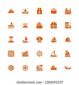 yacht icon set. Collection of 25 filled yacht icons included Boat, Yacht, Helm, Sailboat, Yatch, Vehicle, Sail boat, Sailor, Sailing boat, Island, Lifejacket, Cruise, Transport