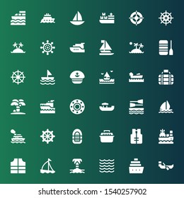 yacht icon set. Collection of 36 filled yacht icons included Boat, Cruise, Sea, Island, Sailboat, Lifejacket, Transport, Inflatable boat, Helm, Sail boat, Yatch, Boating, Sailor