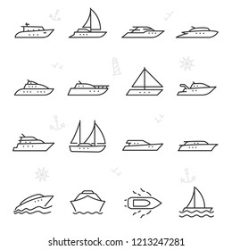 Yacht, icon set. yachts, ship and motor boats, linear icons. Line with editable stroke