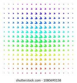 Yacht icon spectral halftone pattern. Vector yacht items arranged into halftone grid with vertical rainbow colors gradient. Designed for backgrounds, covers and abstract concepts.