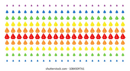 Yacht icon spectral halftone pattern. Vector objects organized into halftone matrix with vertical rainbow colors gradient. Constructed for backgrounds, covers, templates and abstraction compositions.
