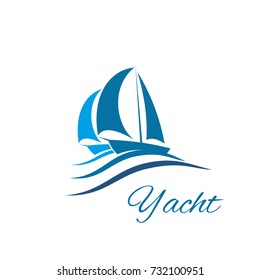 Yacht icon for sport club or sea travel agency design. Vector isolated sailboat or sailing ship and marine cruise liner or motorboat yachting boat with sails on blue ocean waves