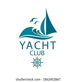 yacht icons with sea waves and seagulls isolated on white background