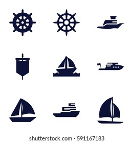yacht icons set. Set of 9 yacht filled icons such as helm, boat, sailboat, ship