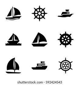 yacht icons set. Set of 9 yacht filled icons such as helm, sailboat, ship