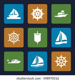 yacht icons set. Set of 9 yacht filled icons such as helm, boat, ship, and a sailboat. 