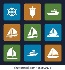 Yacht icons set. set of 9 yacht filled icons such as sailboat, ship, boat, helm