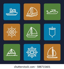 yacht icons set. Set of 9 yacht outline icons such as boat, helm, sailboat