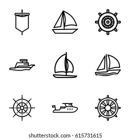 Yacht icons set. set of 9 yacht outline icons such as helm, boat, ship, sailboat