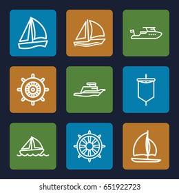 Yacht icons set. set of 9 yacht outline icons such as helm, boat, ship, sailboat